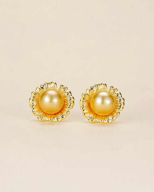 Sunflower Golden Pearl Stud Earrings